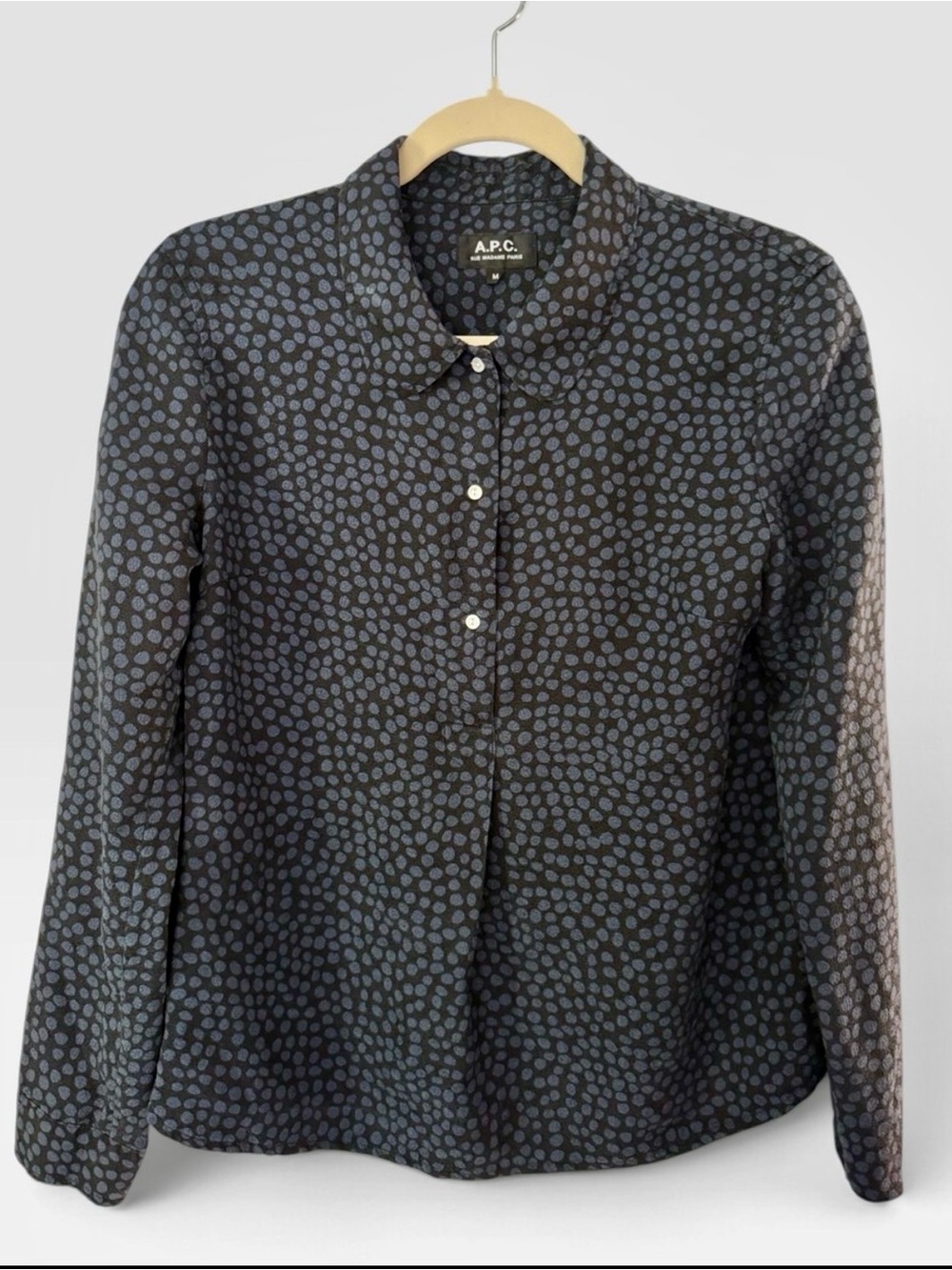 A.P.C. Paris 100% Silk Navy Blue Dot Print Blouse Shirt Minimalist Chic Size M - Picture 2 of 8